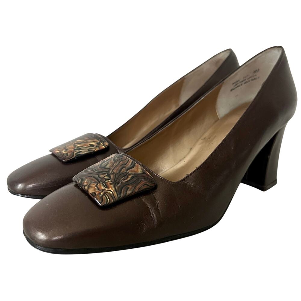 Vintage Apostrophe Brown Leather Heels Square Toe Chunky Heel Retro Pumps Size 9